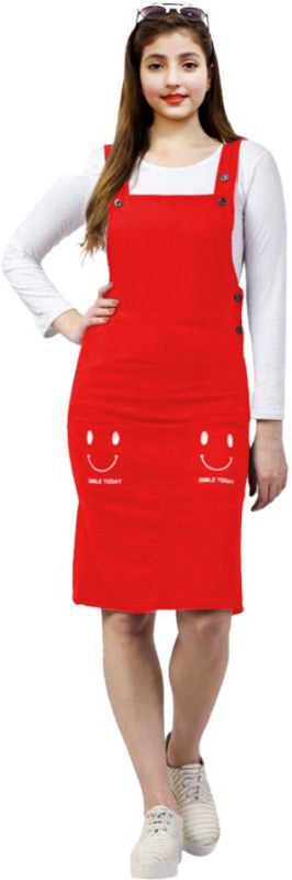 Dungaree For Girls Solid, Printed Cotton Blend  (Red, Pack of 1)