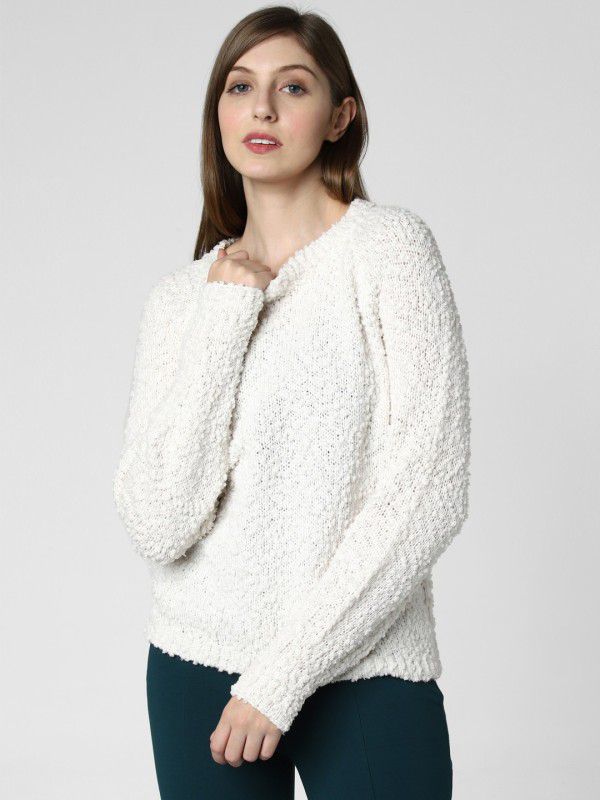 Women Embellished Round Neck White Sweater