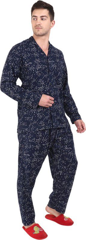 Men Top & Pyjama Set Dark Blue Printed