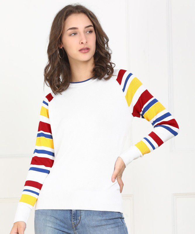 Women Self Design Round Neck White Sweater