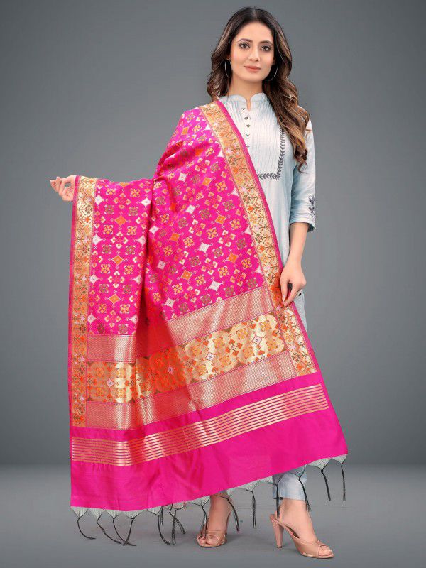 Art Silk, Cotton Silk Checkered, Geometric Print Pink Women Dupatta