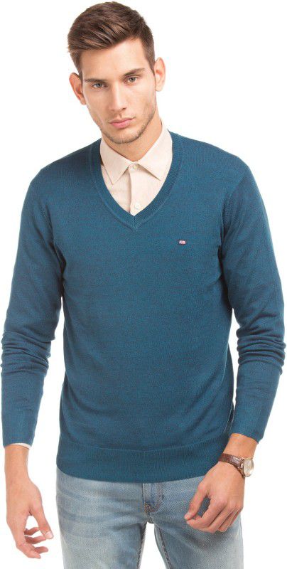 Men Solid V-neck Blue Sweater