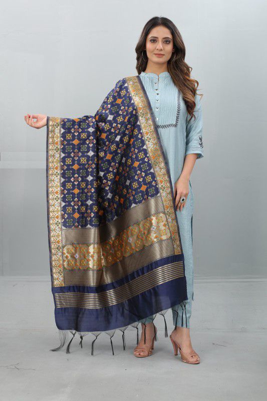 Art Silk, Cotton Silk Checkered, Geometric Print Dark Blue Women Dupatta