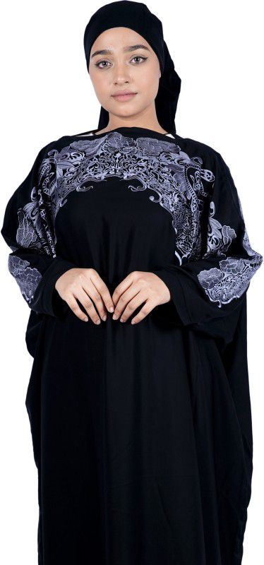 LUZANABAYA Elegant Grey Embroidery Abaya Nida Matte Solid Abaya With Hijab  (Black)