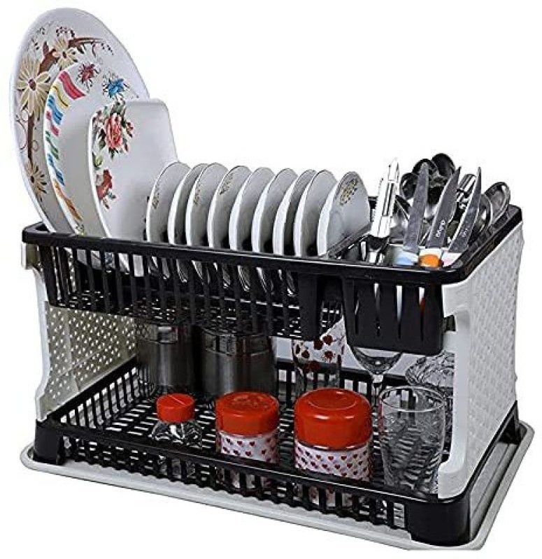 Plastic Kitchen Organizer Rack with Water Storing Tray, 2 Layer Fordable Kitchen Dish Drainer Organizer Storage Stand for Men & Women  (multi color)
