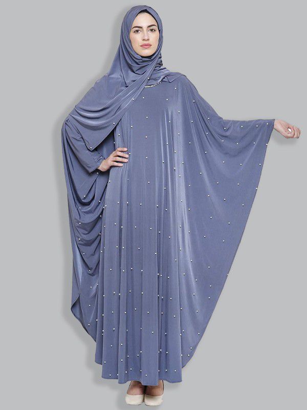 ZUZUU Stylish Woman's Butterfly Style Chadri Abaya Burqa Stone Work Hosiery Self Design, Solid Abaya With Hijab  (Grey)
