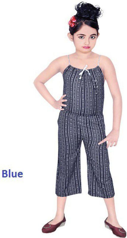 Dungaree For Girls Party Striped Cotton Linen Blend  (Blue, Pack of 1)