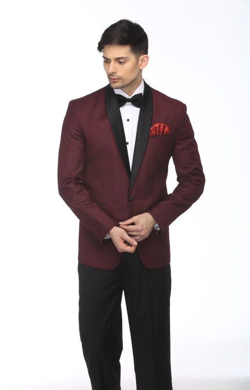 Men Solid Single Breasted Party Blazer  (Red)