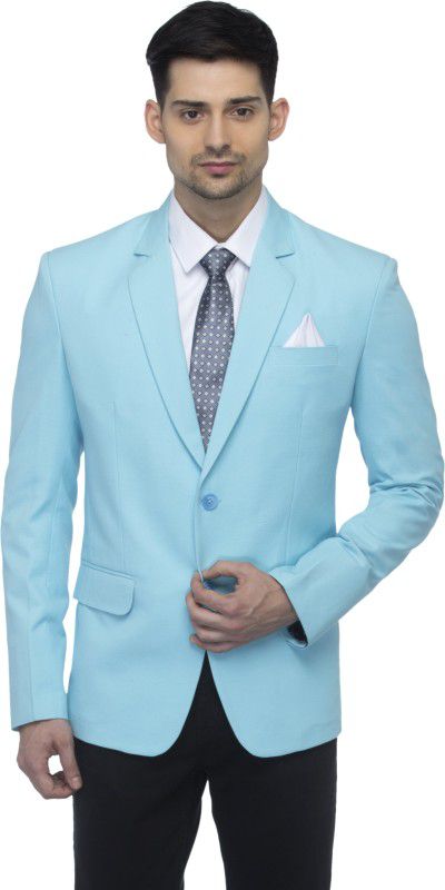 Men Solid Single Breasted Party Blazer  (Blue)