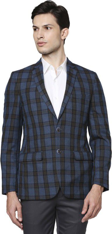 Men Checkered Single Breasted Formal Blazer  (Blue)