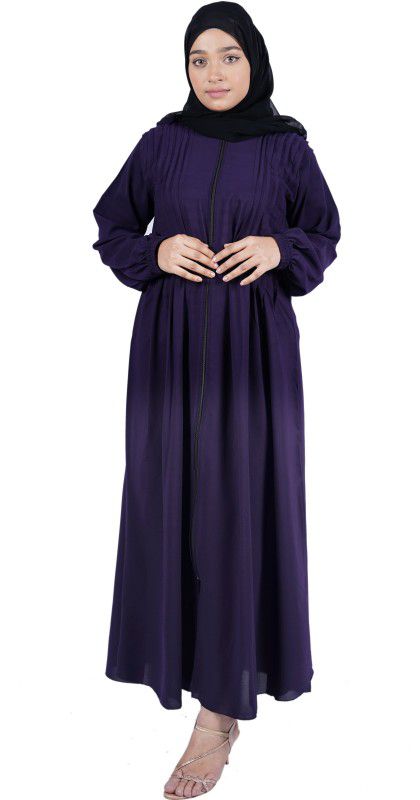 LUZANABAYA Artistic Pleated Design with Abaya with Zipper (Firdous Fabric) Cotton Lycra Blend Solid Burqa With Hijab  (Purple)