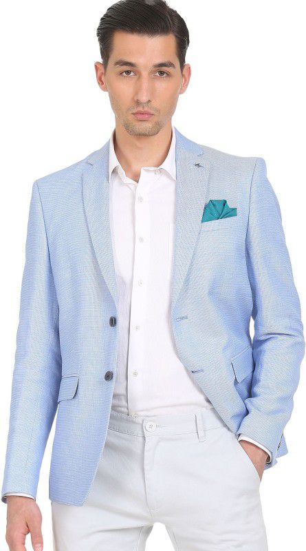 Men Self Design Single Breasted Formal Blazer  (Blue)