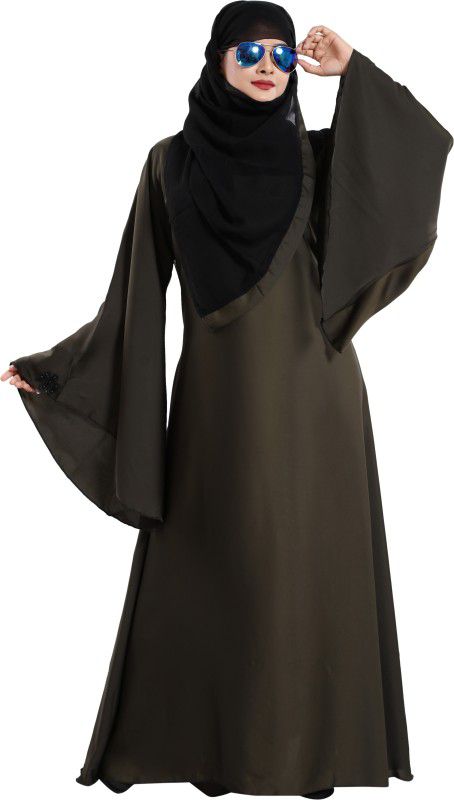 TUCUTE Women's Abaya with Foral Work (Mehendi-DN-411) Chiffon Solid Abaya With Hijab  (Black)