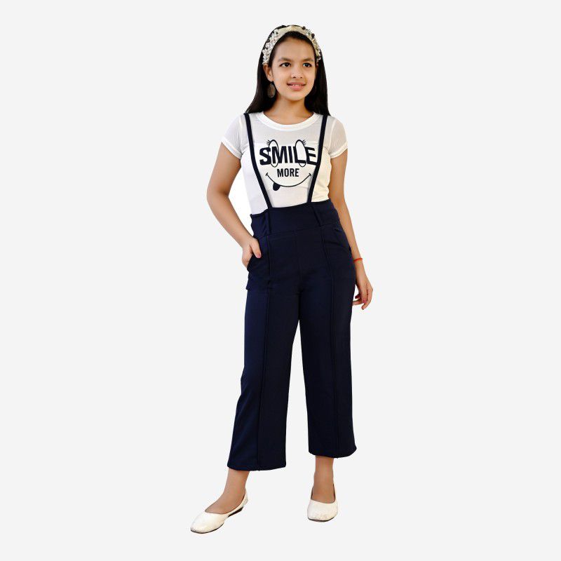 Dungaree For Girls Casual Printed Cotton Lycra Blend  (Dark Blue, Pack of 1)
