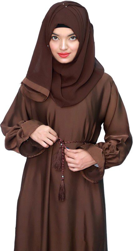 Dua Abaya Simple Imported Silk Nida Fabric Elastic Sleeves Burqa (DA101-SN) Polyester Solid Burqa With Hijab  (Brown)