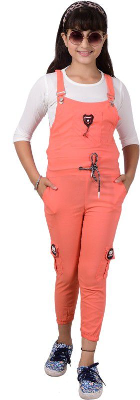 Dungaree For Girls Party Solid Cotton Lycra Blend  (Orange, Pack of 1)