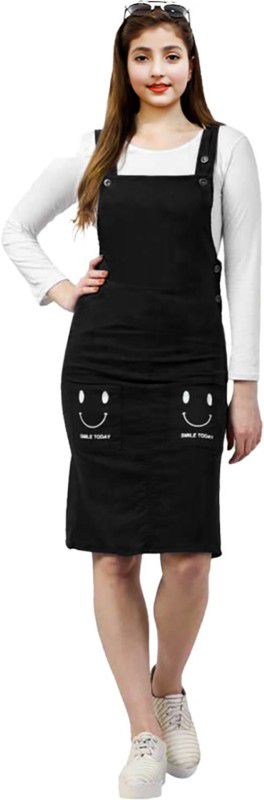 Dungaree For Girls Solid Cotton Blend  (Black, Pack of 1)
