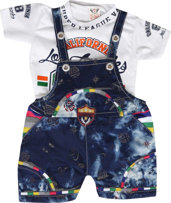 Dungaree For Boys & Girls Casual Printed Denim  (White, Pack of 1)
