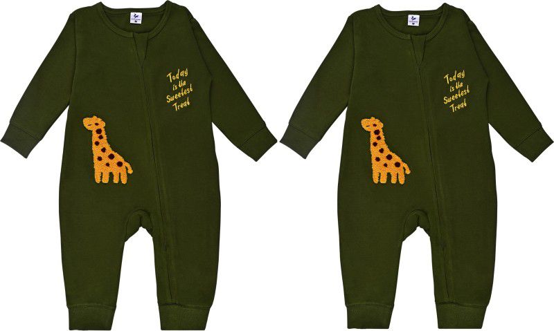 Romper For Baby Boys & Baby Girls Casual Embroidered Cotton Blend  (Green, Pack of 2)