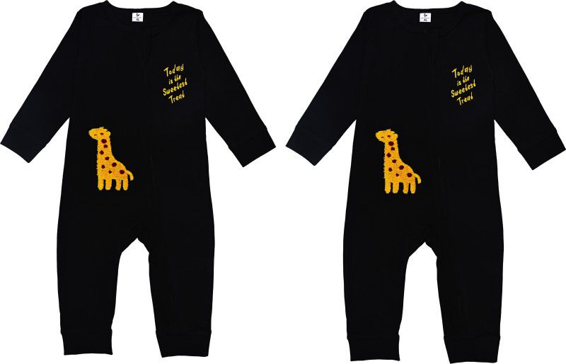 Romper For Baby Boys & Baby Girls Casual Embroidered Cotton Blend  (Black, Pack of 2)