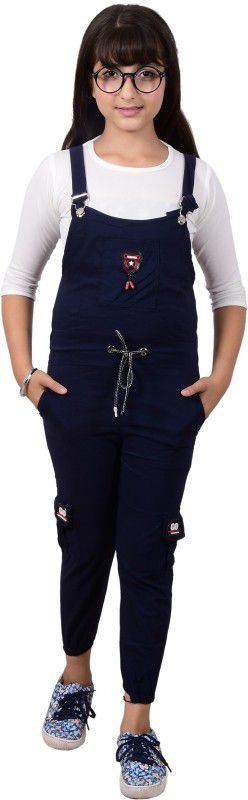 Dungaree For Girls Casual Solid Cotton Lycra Blend  (Dark Blue, Pack of 1)