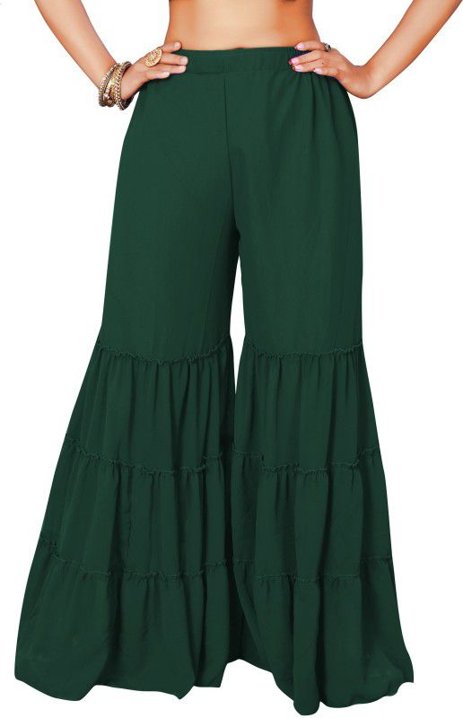 Women Flared Green Georgette Trousers