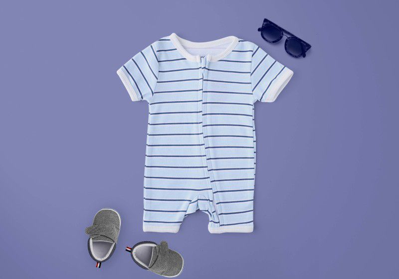 Romper For Baby Boys & Baby Girls Striped Cotton Blend  (Light Blue, Pack of 1)