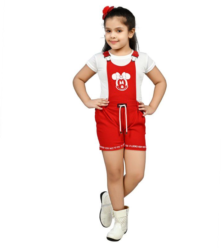 Dungaree For Girls Casual Printed Cotton Lycra Blend  (Red, Pack of 1)