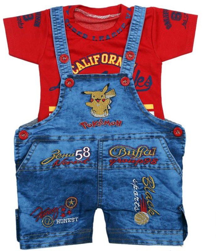 Dungaree For Boys & Girls Embroidered Denim  (Red, Pack of 1)