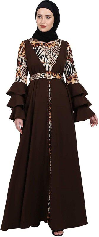 BT - Being Traditional Women’s Digital Tiger Print Umbrella Abaya Dress with Bell Sleeves & Side Pocket Nida Matte, Lycra Blend Solid Abaya  (Brown)