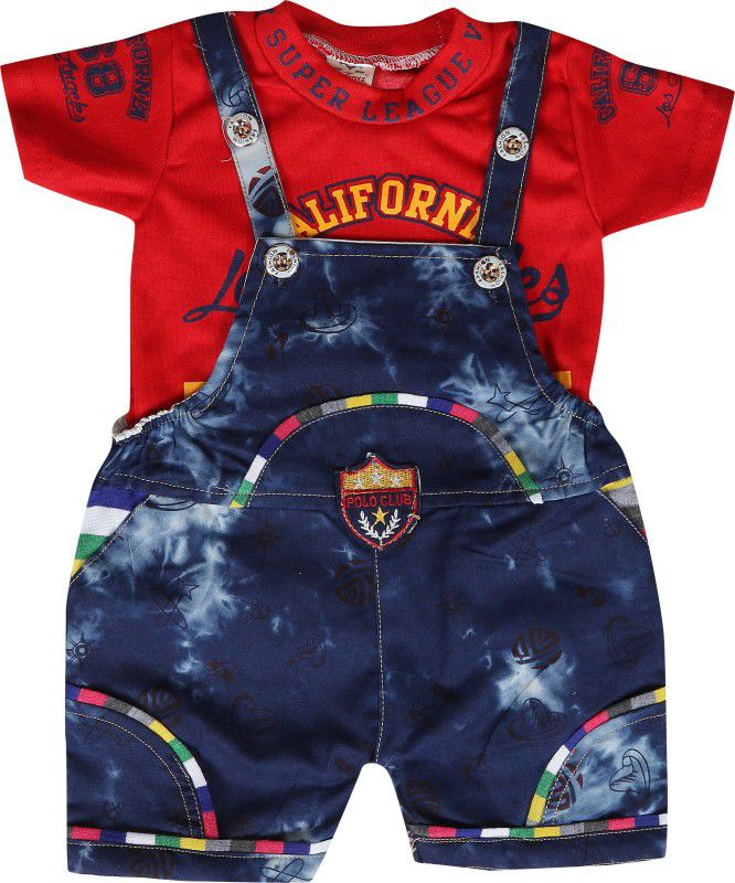 Dungaree For Boys & Girls Casual Printed Denim  (Red, Pack of 1)