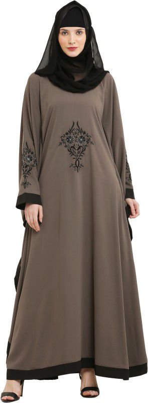 RAC embroideryworkCrepeAbayaHijab Crepe Solid Abaya With Hijab  (Grey)