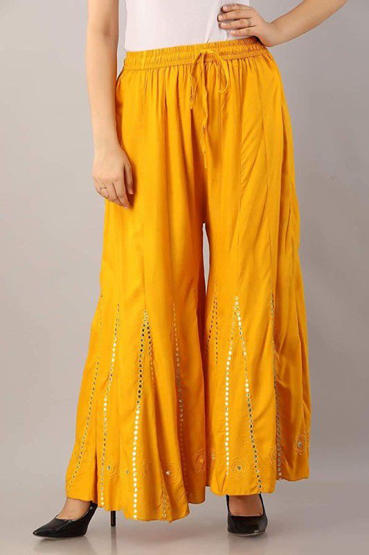 Women Flared, Relaxed Yellow Cotton Blend Trousers