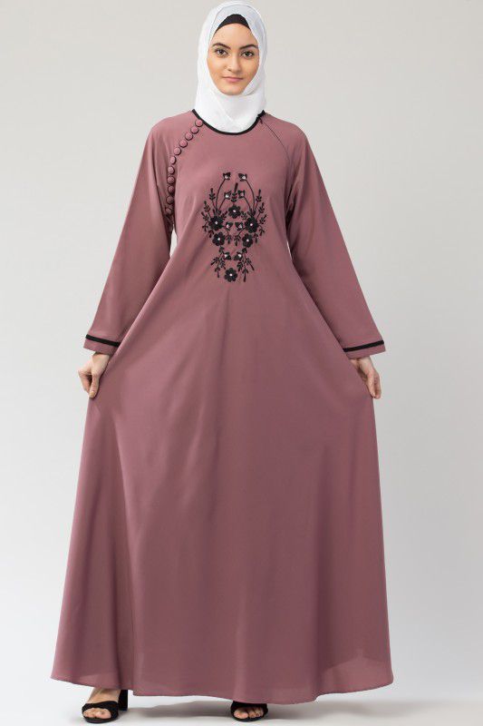 MRC WOMEN STYLE EMBROIDERED UMBRELLA ABAYA BURQA NIQAB Crepe Abaya With Hijab  (Pink, Black)