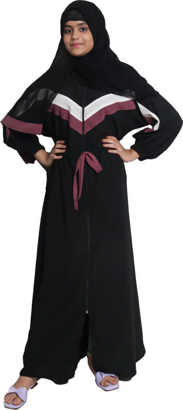 ARoohSa Front Open Zip Nida Fabric Abaya or Burqa With Contrast Stripes Art Silk Abaya With Hijab  (Black)