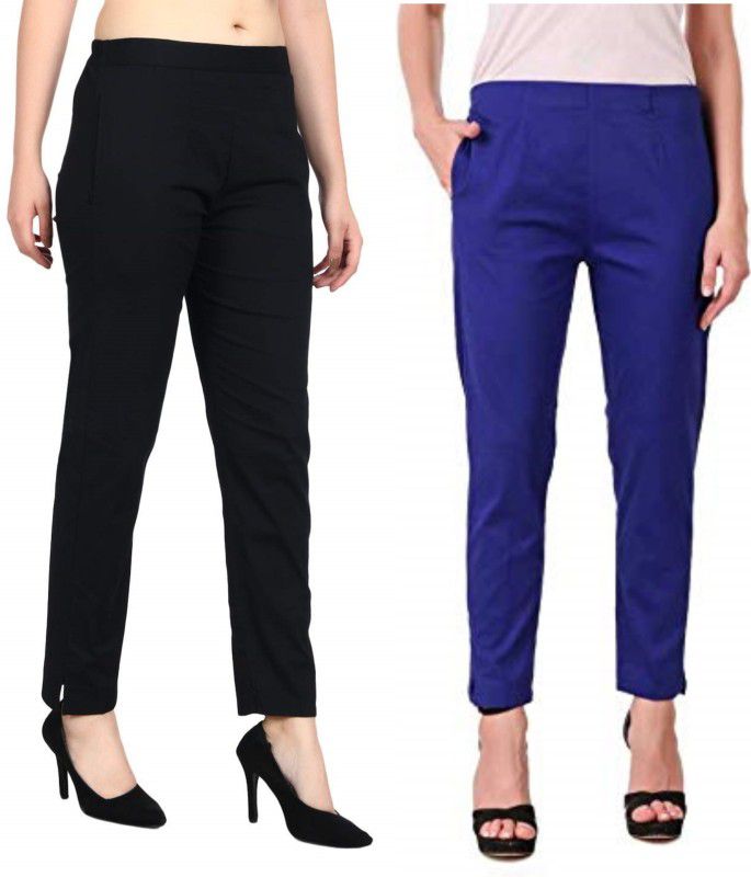 Pack of 2 Women Regular Fit Black, Blue Cotton Blend Trousers