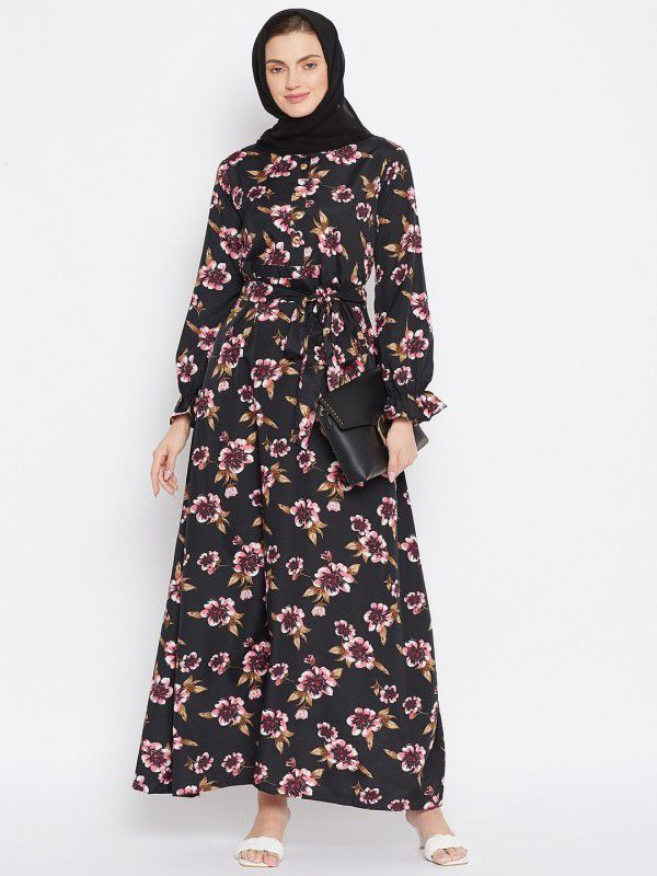 NABIA BLTDR-BK Crepe Abaya With Hijab  (Black)