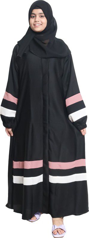 ARoohSa Front Open Nida Fabric Abaya or Burqa With Contrast Stripes Art Silk Abaya With Hijab  (Black)