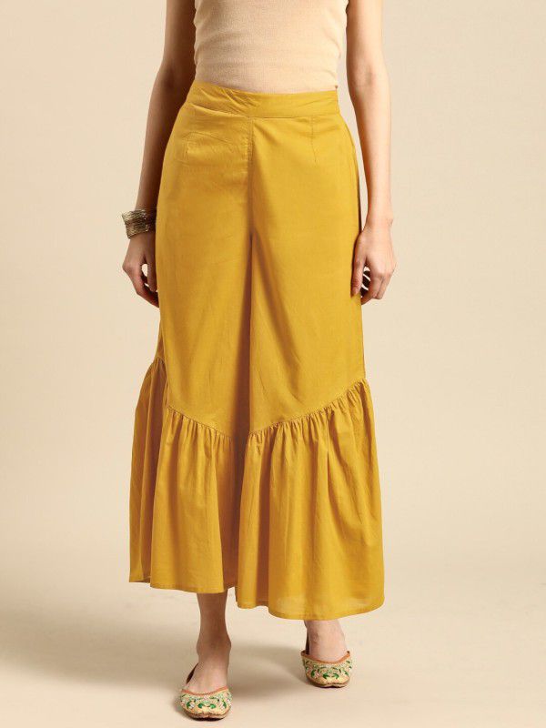 Women Yellow Cotton Blend Trousers
