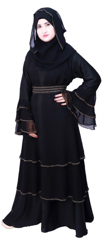 Women's Stylish Triple Layer Abaya With hijab (EW009 Black) Polyester Solid Burqa With Hijab  (Black)