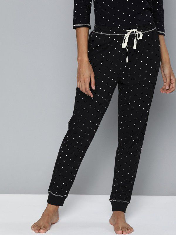 Women Black Printed Lounge Pants, 1 Pc Women Pyjama