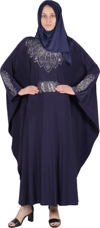 BINISH Women's Stylish Crystal Lycra Fabric Abaya Burkha with Stone and Beads work and Dupatta Also. Lycra Blend Self Design Abaya With Hijab  (Blue)