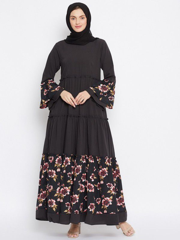 NABIA 4FRIL-OBK Polyester Floral Print Abaya With Hijab  (Black)
