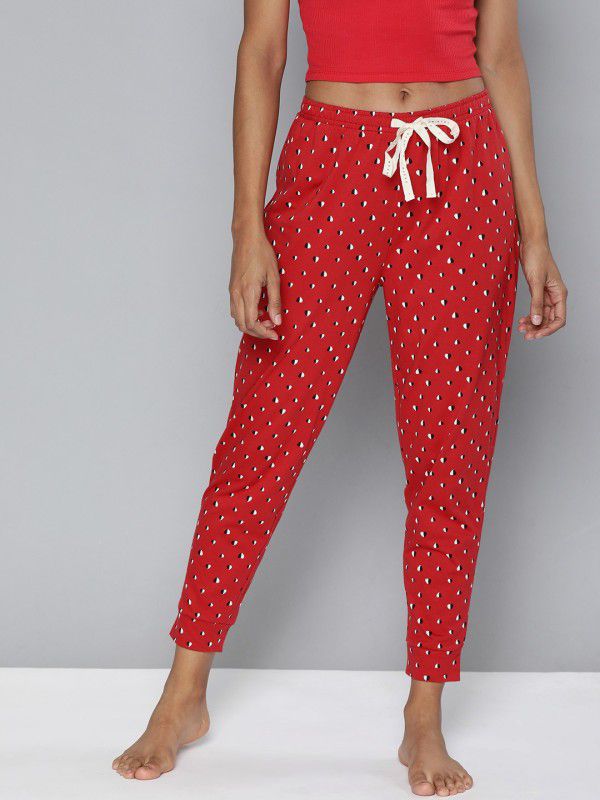Women Red Printed Lounge Pants, 1 Pc Women Pyjama