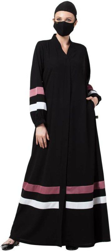 Stylish Front Open Pink and White Stripes Polyester Striped Burqa With Hijab  (Black, Pink)