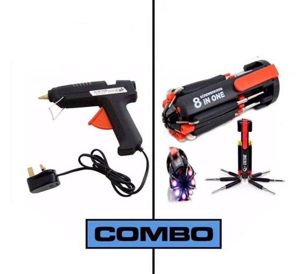 Combo Offer of Black Hot Melt Glue Gun and Black 8 in 1 Multi Screwdriver