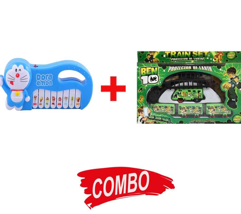 DORA Doremon Shaped Piano+Battery Operated Ben 10 Train Toy Combo 