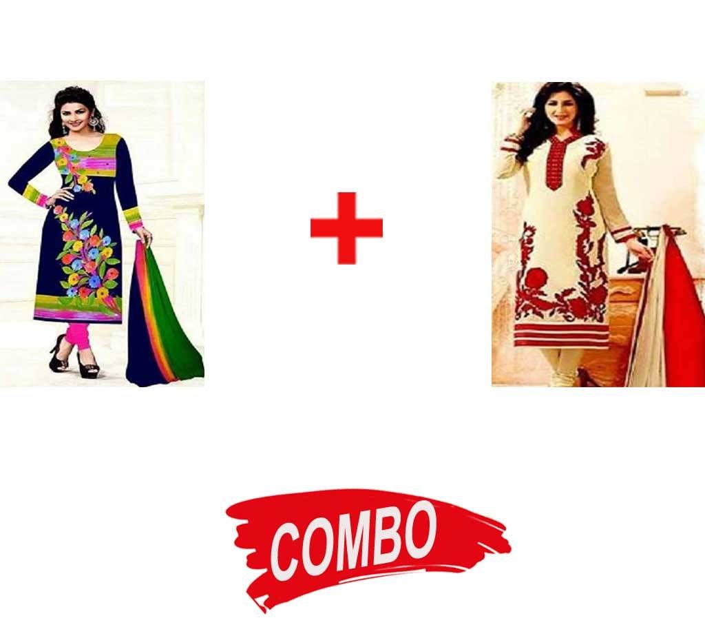 Unstitched Block printed cotton replica Three piece (2 Designs) - Combo Offer