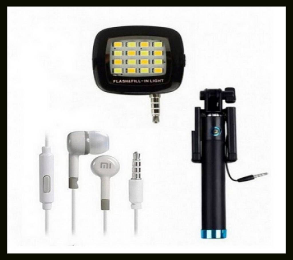 Selfie flash light+ Selfie Stick +earphone combo