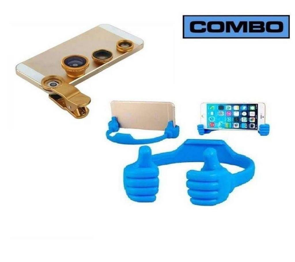 Combo Offer of Blue OK Mobile Stand and Gold Universal Lens